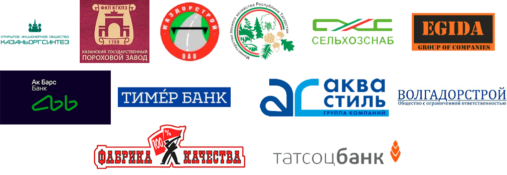 Клиенты: Казаньоргсинтез, Казанский пороховой завод, Каздорстрой, Министерство лесного хозяйства РТ, Сельхозснаб, Egida, Ак Барс Банк, Тимер Банк, Аква Стиль, Волгадорстрой, Фабрика качества, Татсоцбанк